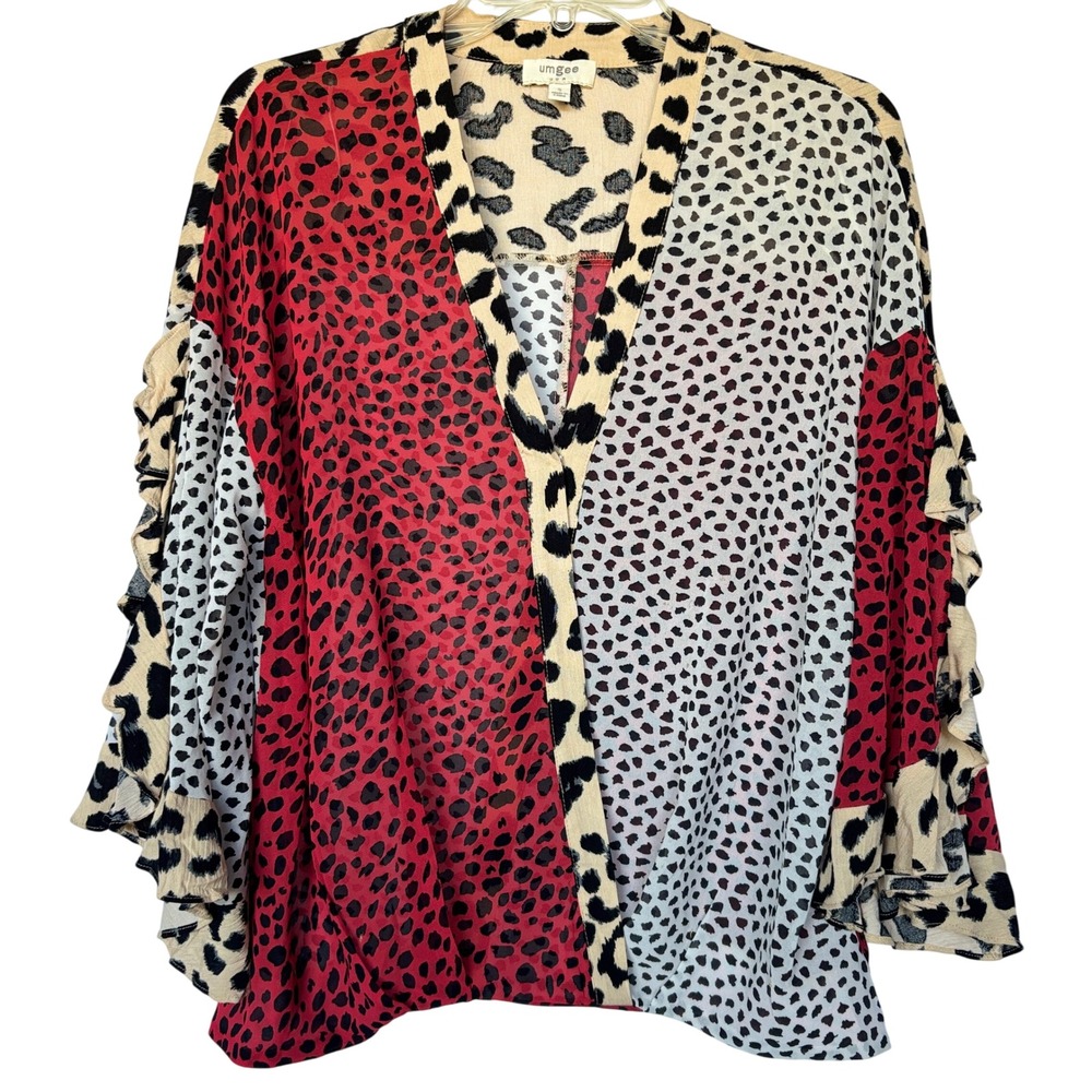 Umgee Mixed Animal Print Ruffled Sleeve Surplice Top Leopard Dalmatian Boho S